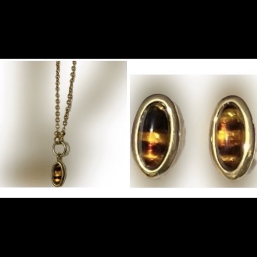 🔴Vintage Necklace Earrings Tiger Eye Pendant Gold Chain Jewelry 16”